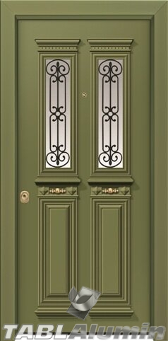 Θωρακισμένη πόρτα με χυτά διακοσμητικά και τζάμι Θ-7350